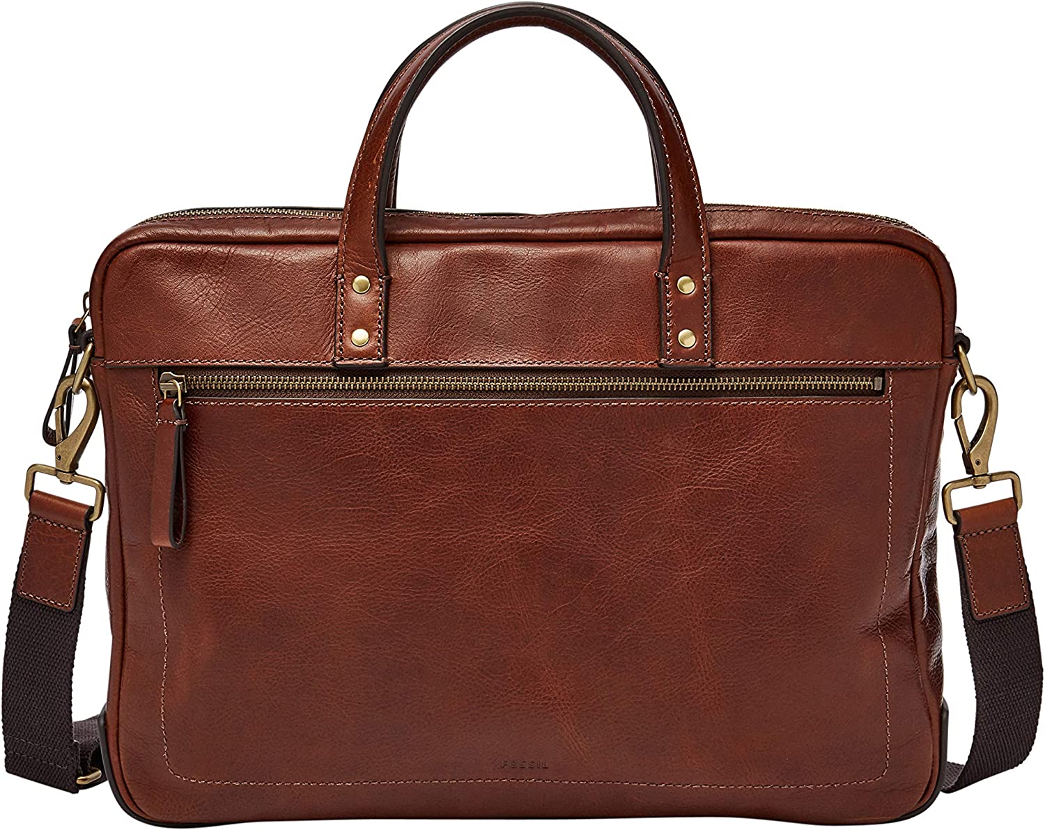 230527211106416_1 Fossil Men's Haskell Leather Double Zip Briefcase Messenger Laptop Bag, Cognac , (Model: MBG9342222) - Image 1